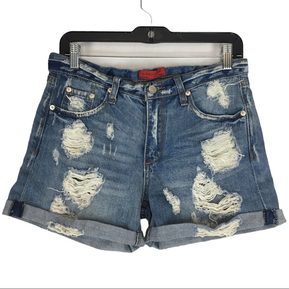 Signature8 Pants - Signature8 Heavily Destroyed Denim Shorts Size M